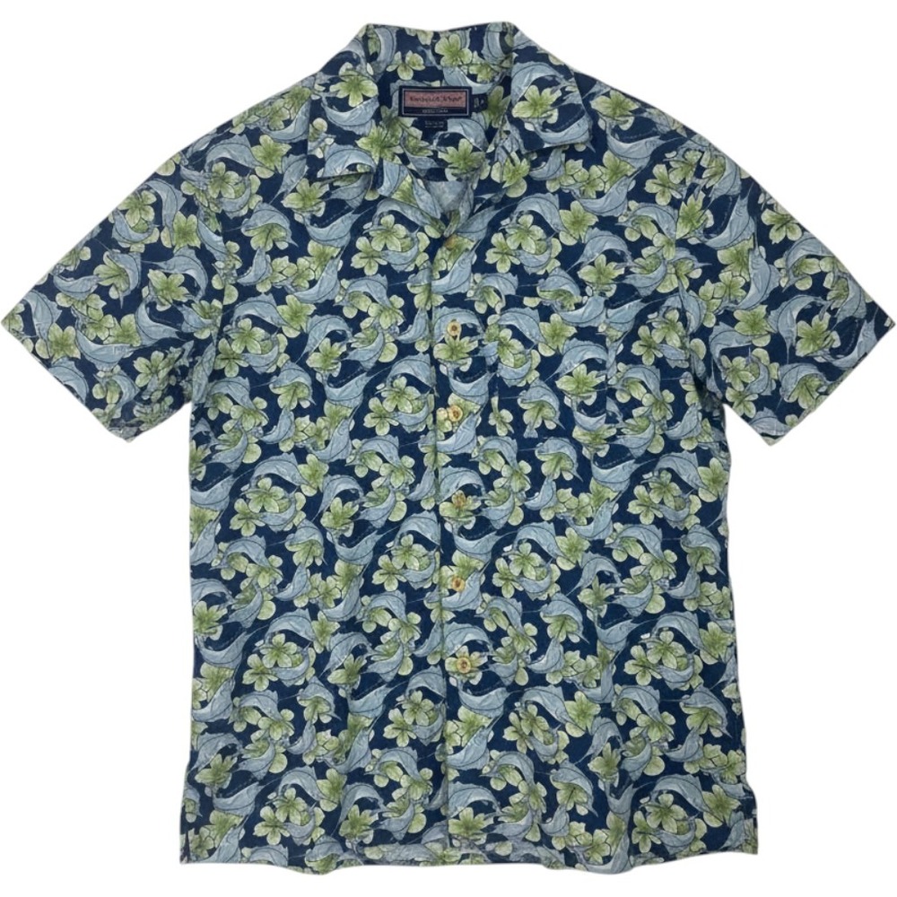 Vineyard Vines Mens Marlin Hibiscus Floral Short Sleeve Button Down Shirt Blue M